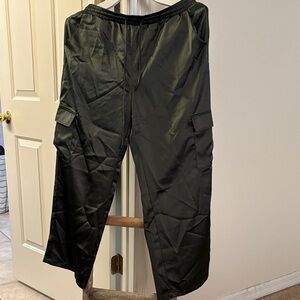 Sleek Olive Green Satin Wide Leg Women's Pants